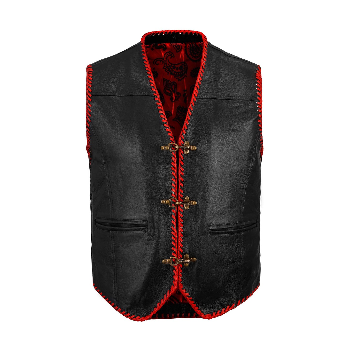 Front view of handcrafted buffalo leather red biker vest featuring bold ribbed detailing, adjustable side laces, and durable snap button closure. Designed for motorcycle club members and riders, this custom MC vest offers a rugged yet stylish look with premium buffalo hide for long-lasting wear on the road.