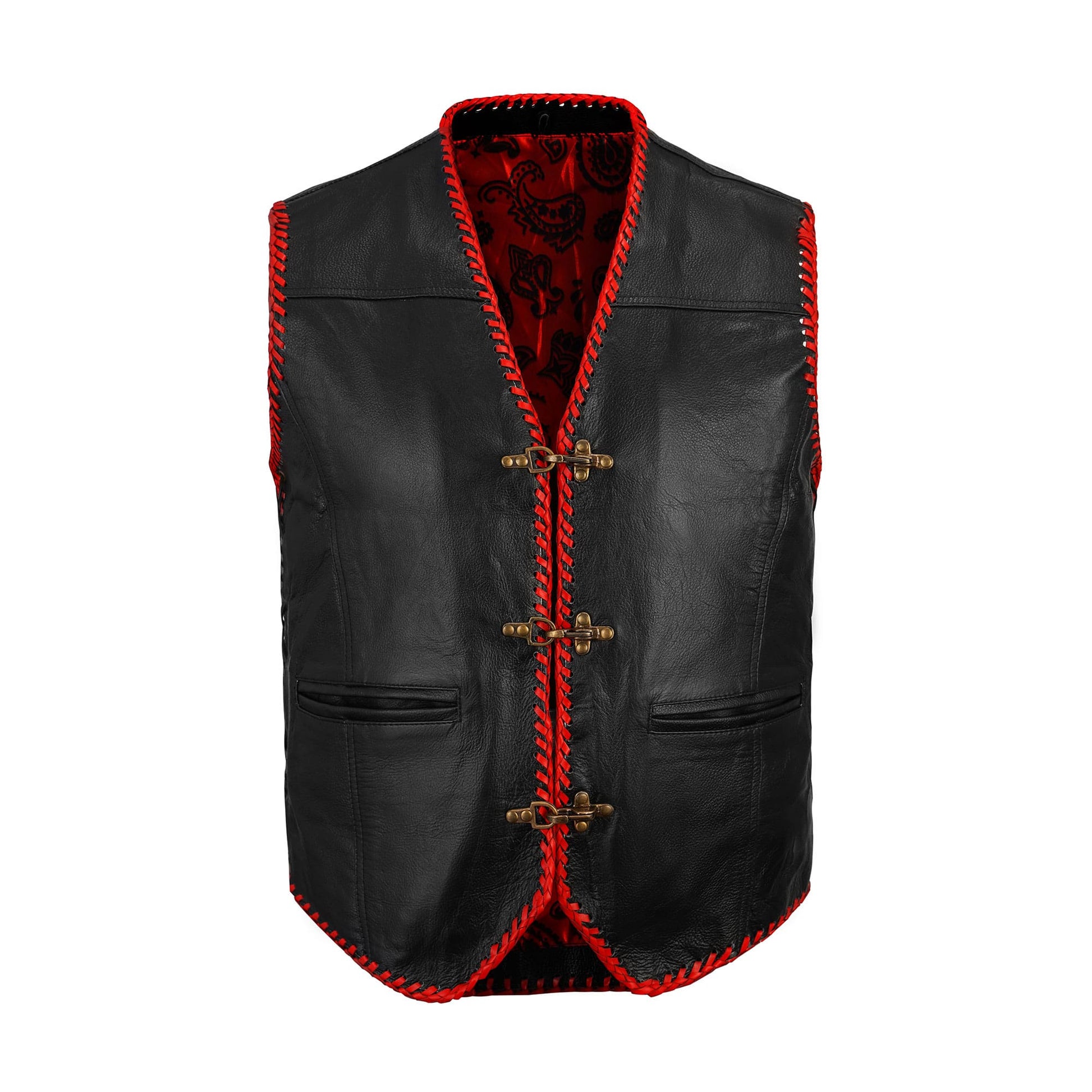 Front view of handcrafted buffalo leather red biker vest featuring bold ribbed detailing, adjustable side laces, and durable snap button closure. Designed for motorcycle club members and riders, this custom MC vest offers a rugged yet stylish look with premium buffalo hide for long-lasting wear on the road.