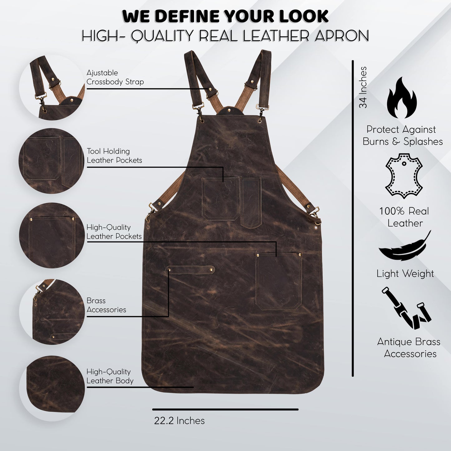 Full-grain pullup leather chef apron with reinforced stitching, adjustable crossback leather straps, and utility pockets. Perfect for BBQ chefs, blacksmiths, barbers, hairstylists, and handymen. Crafted for comfort and utility during long work sessions. Customizable apron gift for men and women, especially for birthdays, Father’s Day, or holidays.

