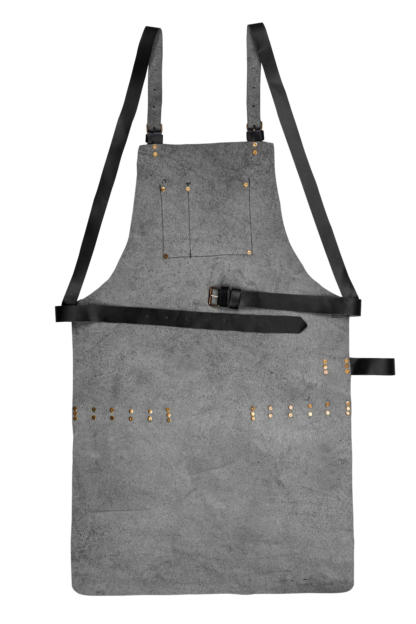 Gearforge cowhide leather apron for professional use. Includes multiple storage compartments, brass hardware, and a custom nameplate option. Designed for grilling, hairstyling, blacksmithing, or handyman work. A perfect personalized gift for hardworking men.

