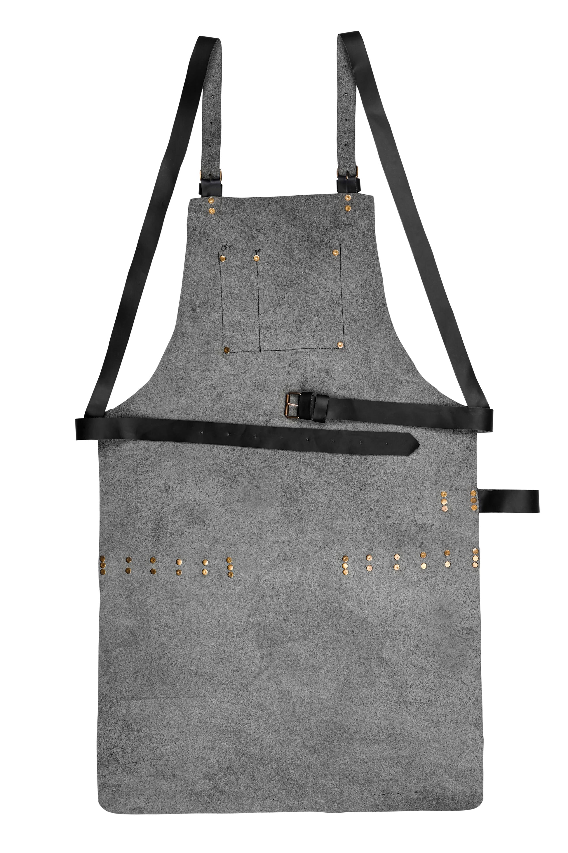 Gearforge cowhide leather apron for professional use. Includes multiple storage compartments, brass hardware, and a custom nameplate option. Designed for grilling, hairstyling, blacksmithing, or handyman work. A perfect personalized gift for hardworking men.

