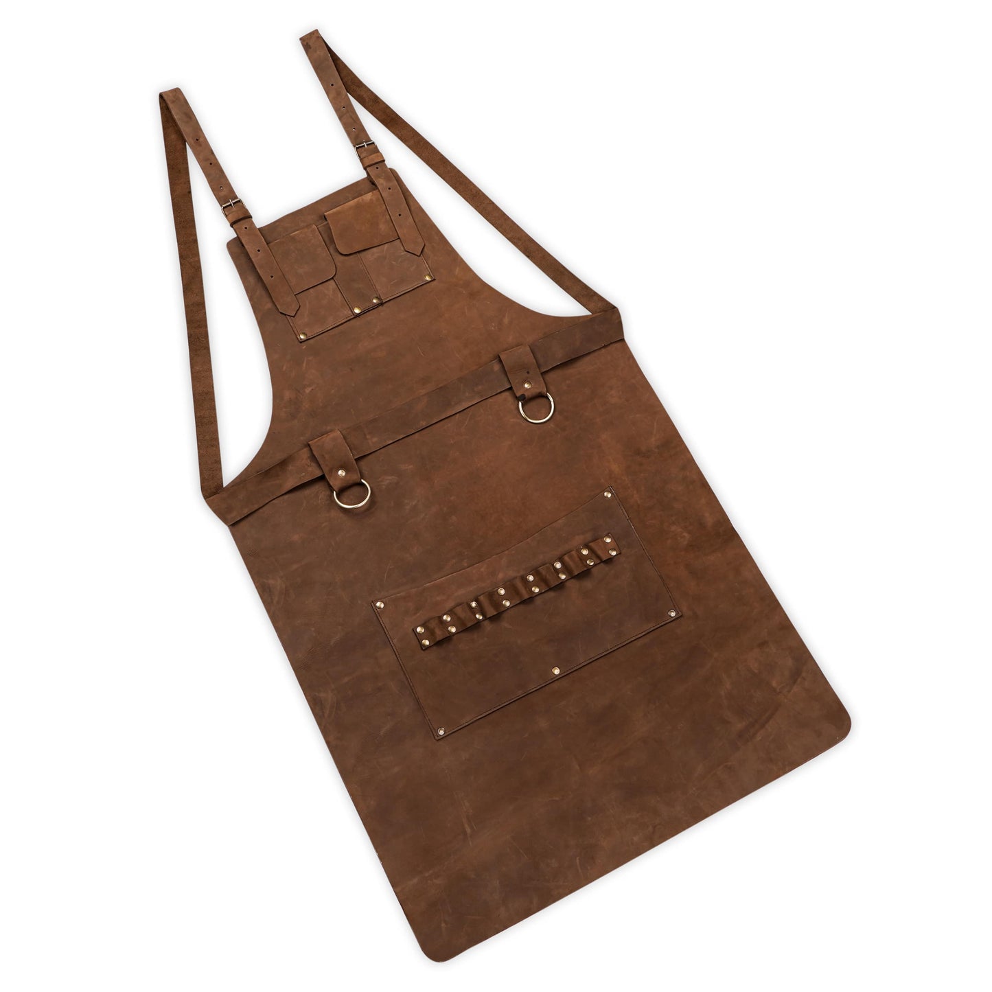 Handcrafted cowhide leather BBQ apron featuring dual towel rings, reinforced tool pockets, and adjustable leather straps with brass fittings. Perfect for chefs, barbers, or DIY craftsmen. Personalization available for initials, names, or logos—making it a stylish and functional gift for Dad, grill masters, or professionals.

