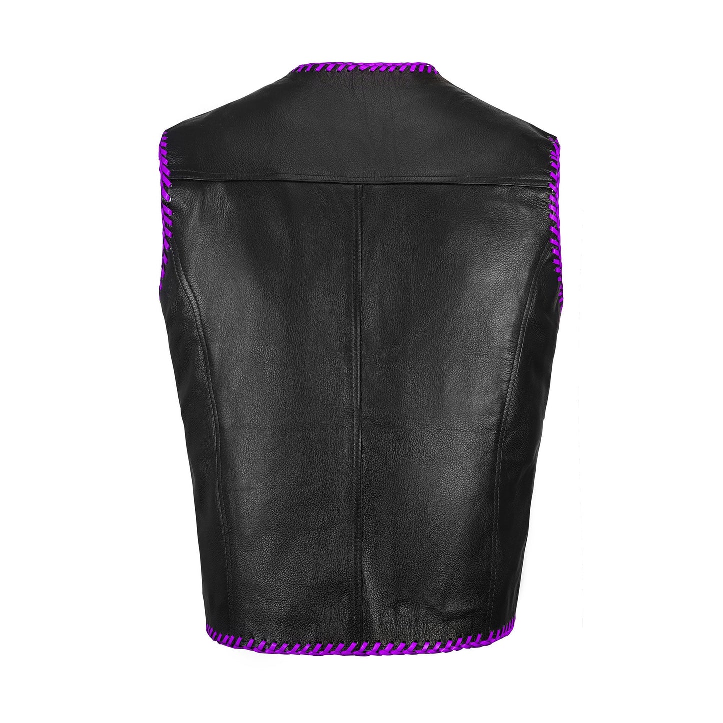 Handcrafted purple cowhide leather biker vest with diamond stitch design, built to last and tailored for motorcycle club riders. Featuring durable construction, adjustable side laces, and a sleek satin lining, this customizable leather vest blends rugged biker style with premium comfort. Perfect for customization and personalization to suit every motorcycle rider’s lifestyle.