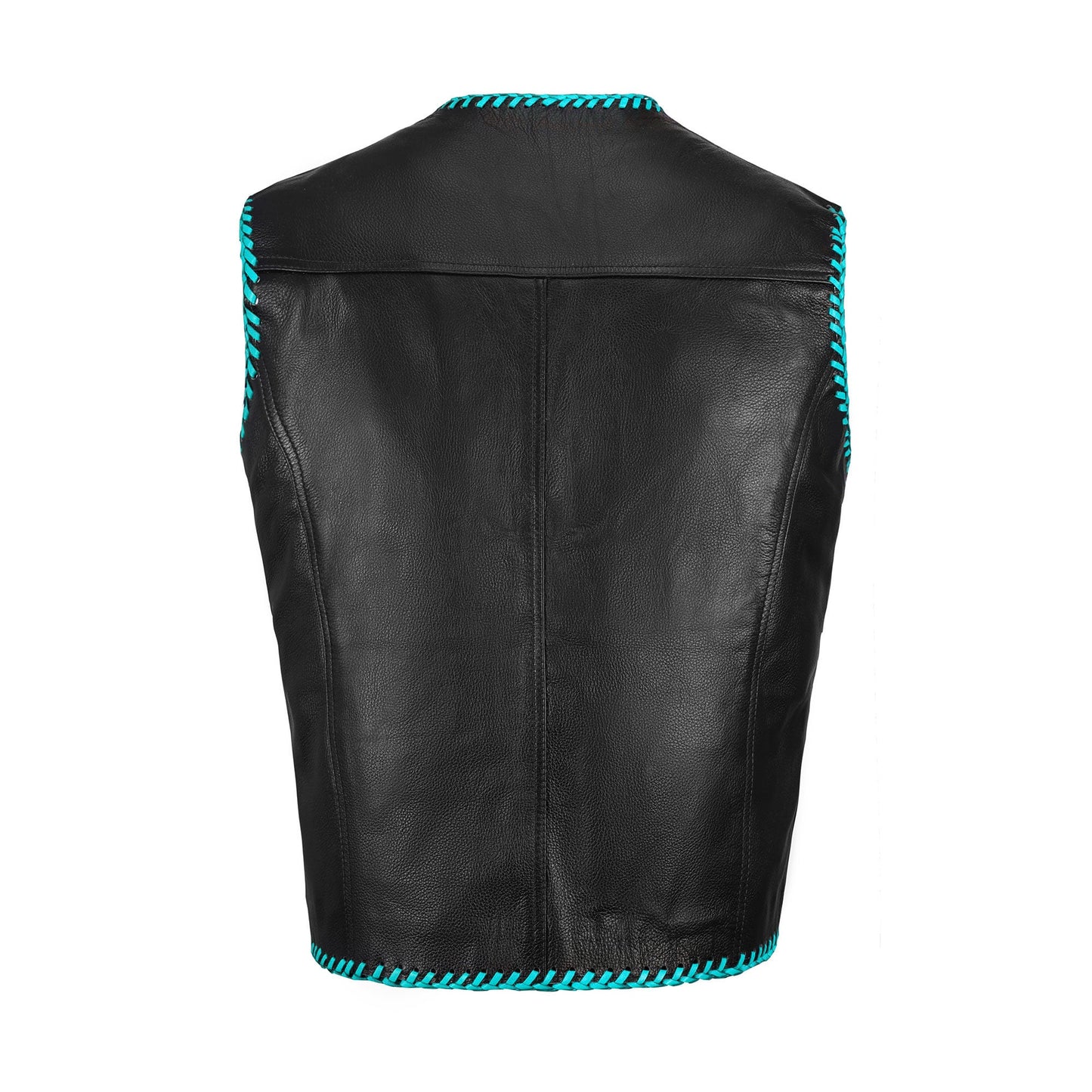 Handcrafted turquoise leather vest designed for motorcycle riders and club members who want a blend of strength, fashion, and comfort. Made with A+ grade cowhide leather and detailed stitching, this vest provides a personalized touch while remaining durable for long rides. Adjustable fit, premium lining, and customization options make it an excellent investment for riders seeking motorcycle gear that emphasizes both durability and unique biker fashion.