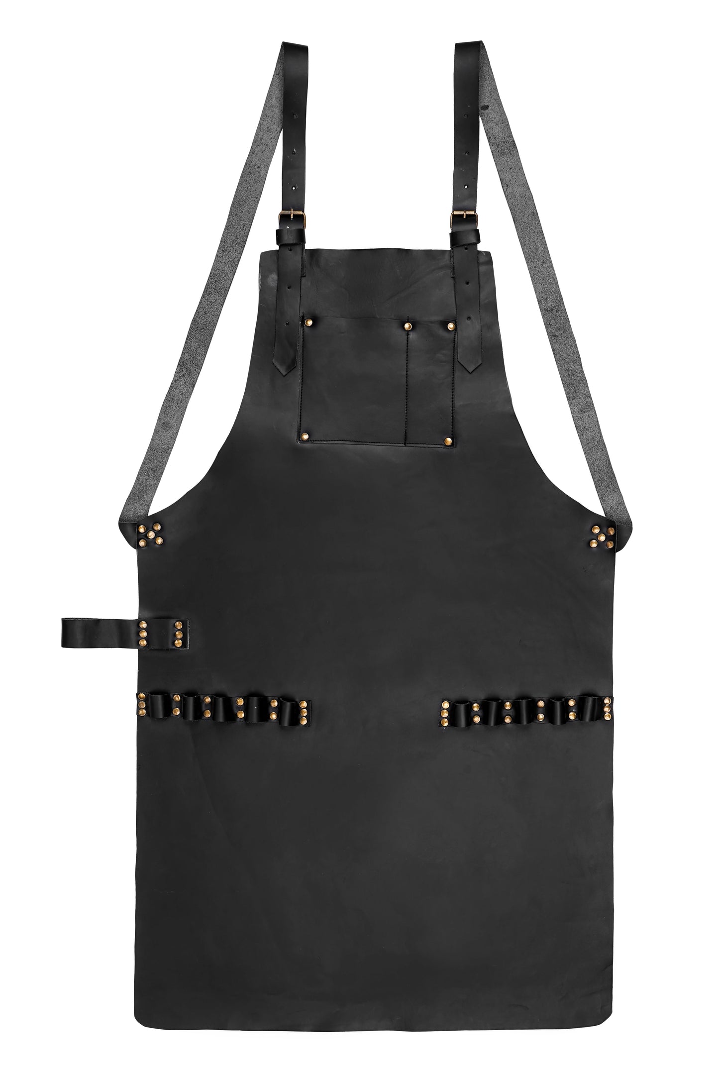 Handmade full-grain cowhide leather apron for barbers, chefs, handymen, and stylists. Features brass buckles, adjustable straps, and multiple pockets for tools like scissors, grilling utensils, and grooming accessories. Durable, stylish, and customizable with logo or initials. Great all-purpose leather apron for men.

