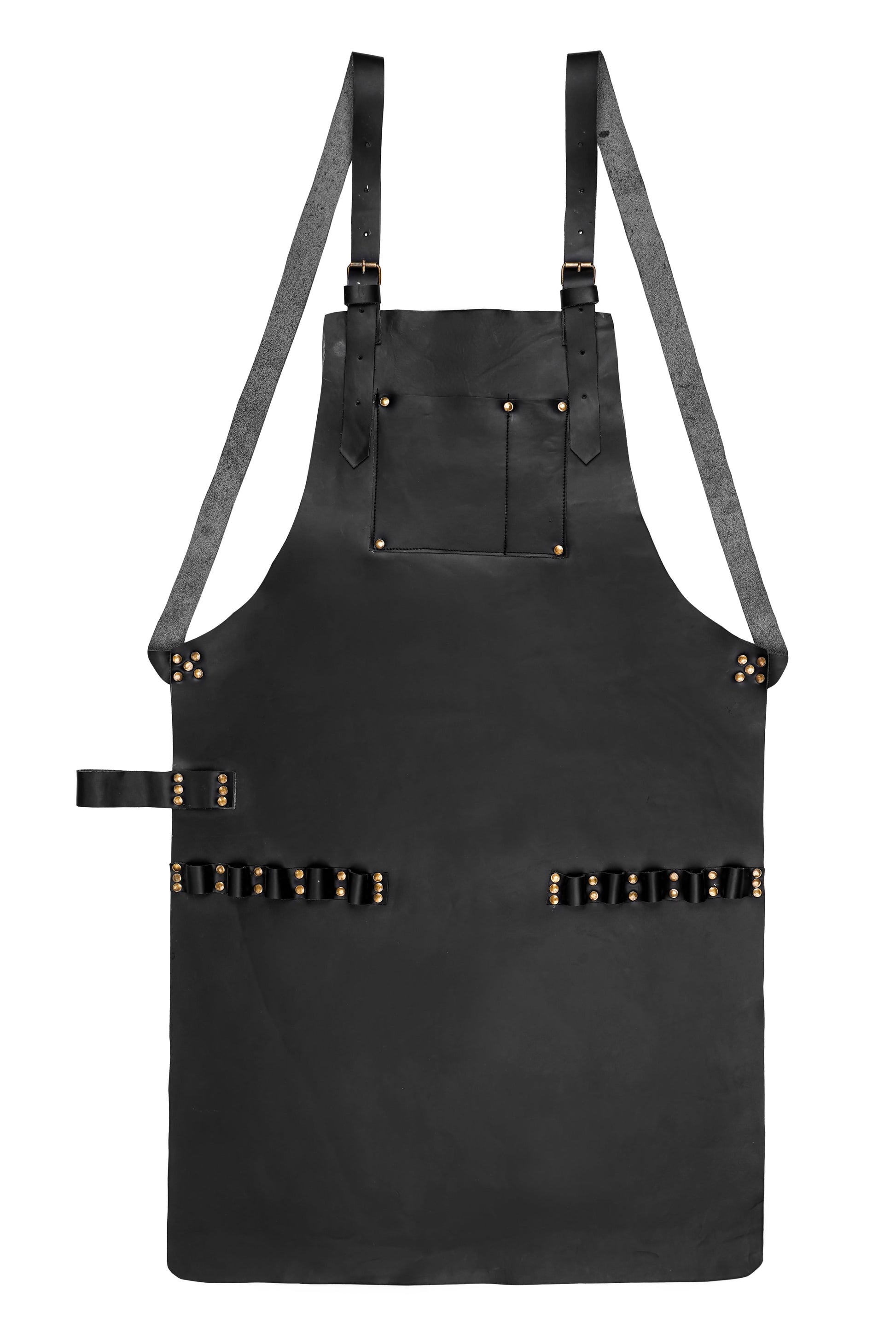 Handmade full-grain cowhide leather apron for barbers, chefs, handymen, and stylists. Features brass buckles, adjustable straps, and multiple pockets for tools like scissors, grilling utensils, and grooming accessories. Durable, stylish, and customizable with logo or initials. Great all-purpose leather apron for men.

