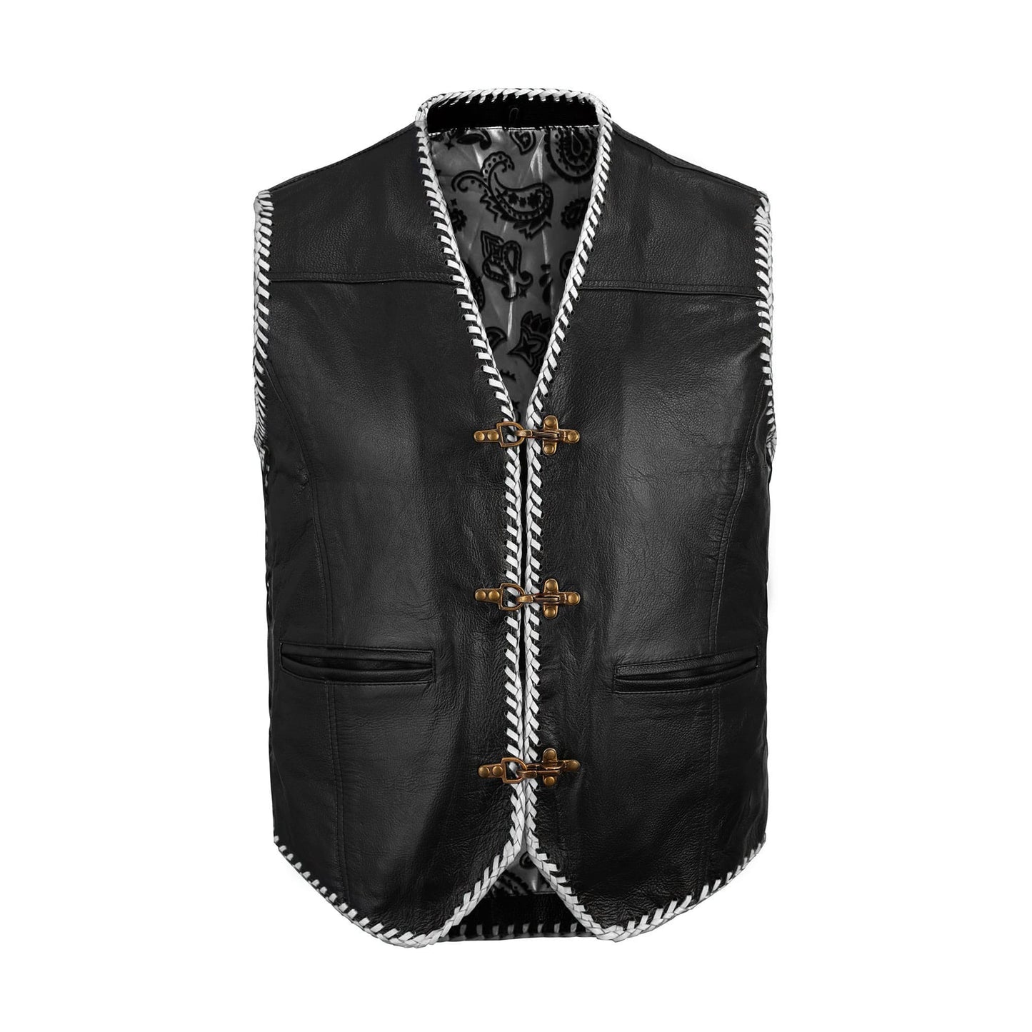 Premium men’s white cowhide leather motorcycle club vest with customizable features, perfect for bikers, club members, and riders who value durability and craftsmanship. Designed with side lace closure, secure front fastening, and classic western biker styling, this leather vest enhances comfort, protection, and authentic motorcycle club identity.