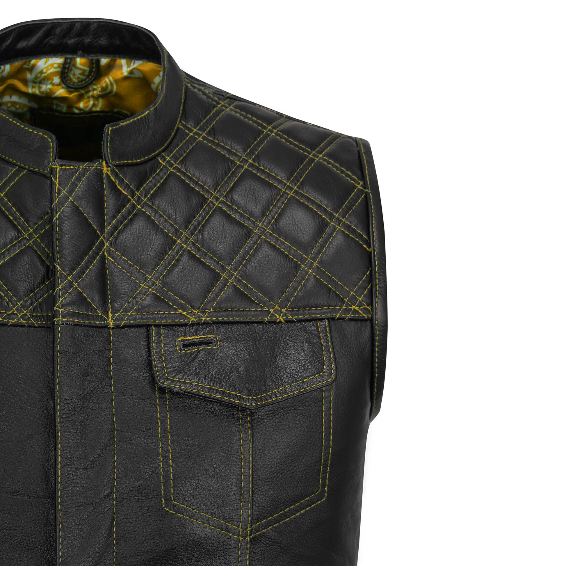 Handmade yellow biker vest with diamond stitched design, tailored from genuine cowhide leather for MC club members and motorcycle enthusiasts. This rugged motorcycle vest includes a brass zipper, dual outer chest pockets, satin lining, and customizable patch-ready options. Built for durability, comfort, and biker lifestyle fashion, this yellow diamond stitched leather vest is ideal for riders, rebels, and club brothers looking for standout gear.