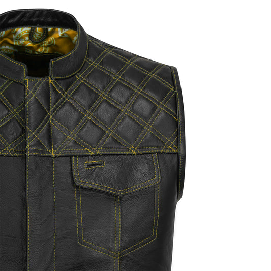 Handmade yellow biker vest with diamond stitched design, tailored from genuine cowhide leather for MC club members and motorcycle enthusiasts. This rugged motorcycle vest includes a brass zipper, dual outer chest pockets, satin lining, and customizable patch-ready options. Built for durability, comfort, and biker lifestyle fashion, this yellow diamond stitched leather vest is ideal for riders, rebels, and club brothers looking for standout gear.