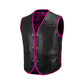 High-quality product photo of the Pink Diamond Stitched Leather MC Vest on a white background, crafted from genuine cowhide leather with bold pink diamond stitching, snap button closure, and adjustable side laces. Designed for bikers, motorcycle club members, and rebels seeking a customizable leather vest with durability and standout pink biker style.