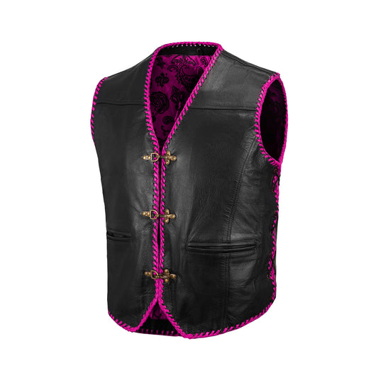 High-quality product photo of the Pink Diamond Stitched Leather MC Vest on a white background, crafted from genuine cowhide leather with bold pink diamond stitching, snap button closure, and adjustable side laces. Designed for bikers, motorcycle club members, and rebels seeking a customizable leather vest with durability and standout pink biker style.