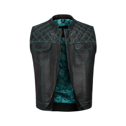 High-resolution image of the Turquoise Diamond Stitched MC Club Vest made from genuine cowhide leather. Features turquoise diamond stitching, satin lining, brass YKK zipper, and customizable design. Ideal for motorcycle club members, bikers, and rebels. Perfect for rugged style, durability, and biker fashion. A must-have customizable turquoise leather vest for riders and road warriors.