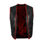 Interior view of buffalo leather red biker vest showing polyester lining, clean stitching, and reinforced construction. Designed for durability, comfort, and long-term wear, this lining close-up emphasizes handmade quality in custom motorcycle club gear.