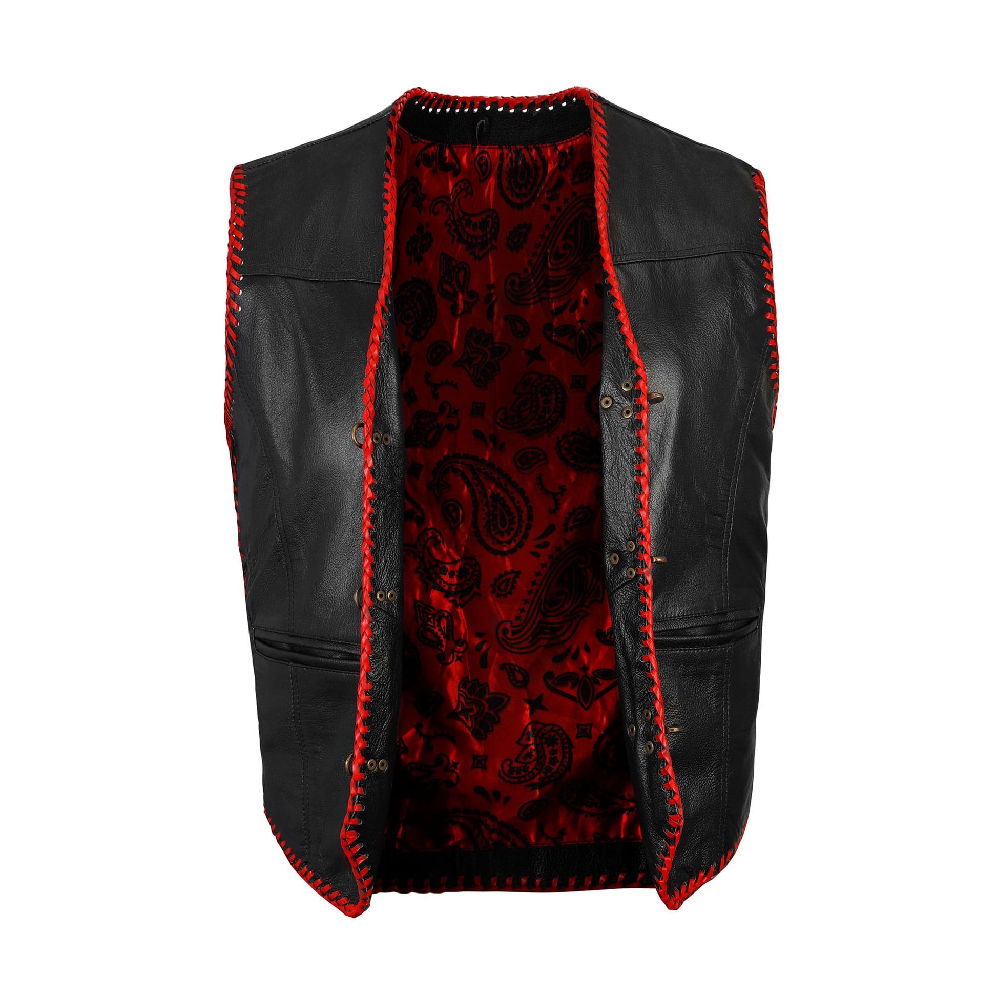 Interior view of buffalo leather red biker vest showing polyester lining, clean stitching, and reinforced construction. Designed for durability, comfort, and long-term wear, this lining close-up emphasizes handmade quality in custom motorcycle club gear.