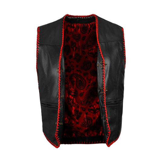 Interior view of buffalo leather red biker vest showing polyester lining, clean stitching, and reinforced construction. Designed for durability, comfort, and long-term wear, this lining close-up emphasizes handmade quality in custom motorcycle club gear.