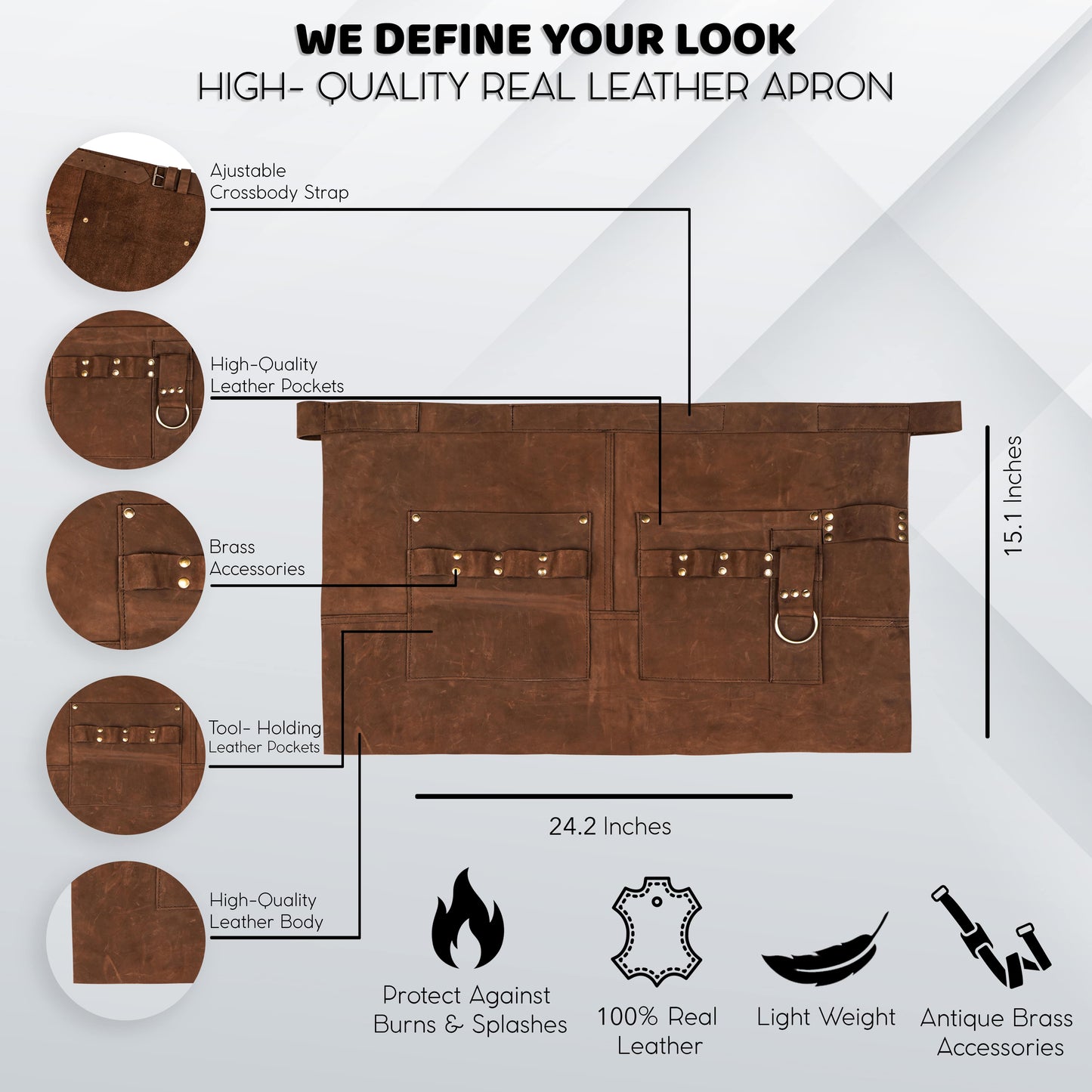 Leather waist apron with adjustable buckled straps and custom monogramming. Offers tool loops, towel ring, and pockets for scissors, brushes, tongs, or clippers. Perfect for hairstylists, barbers, BBQ enthusiasts, or crafters who need lightweight coverage and easy access to tools.


