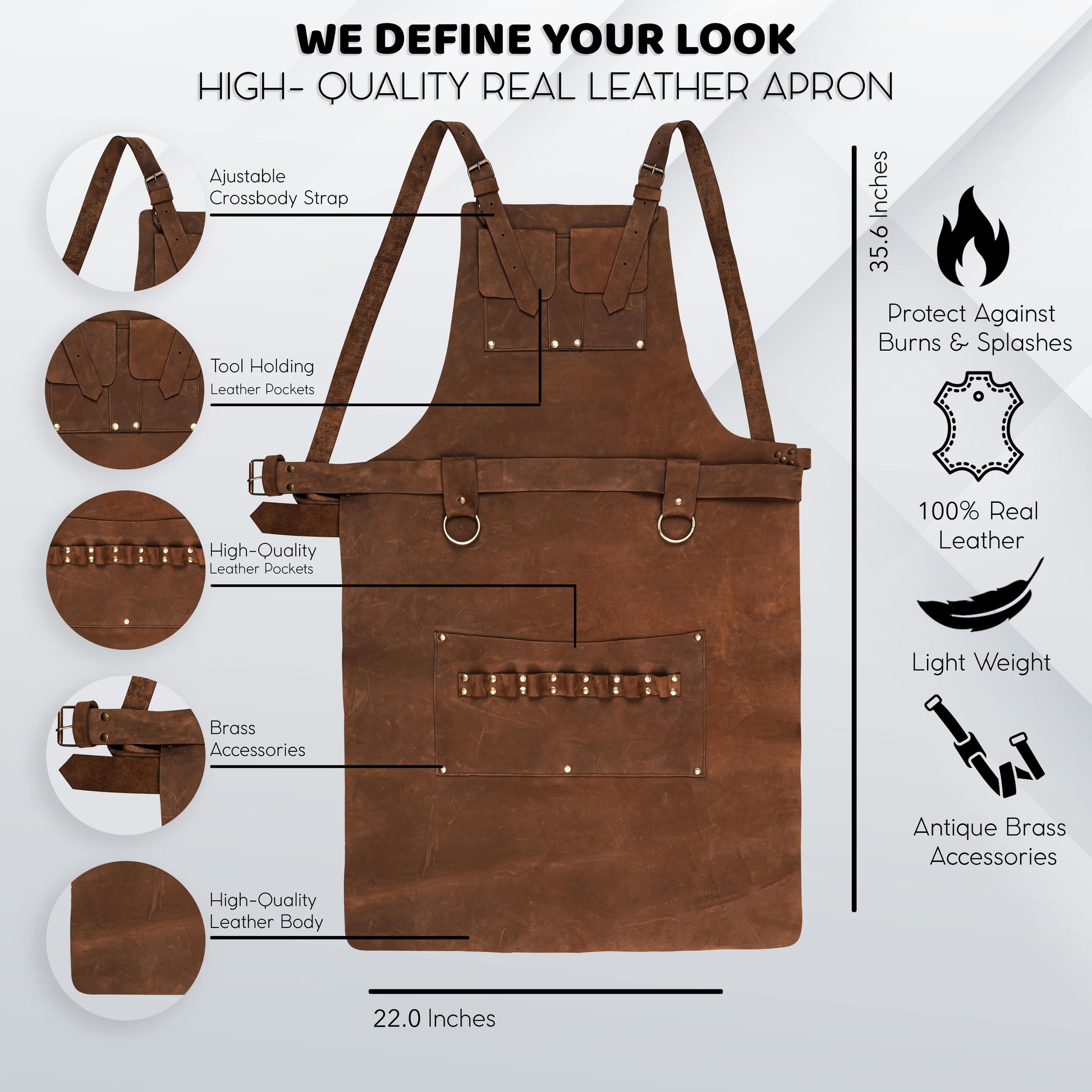 Multipurpose handmade BBQ apron crafted from thick leather, offering personalization and utility through its pockets, towel rings, and strong hardware. Ideal for professionals like butchers, barbers, or grill chefs. Adjustable design fits most body types and adds rugged elegance to any task.

