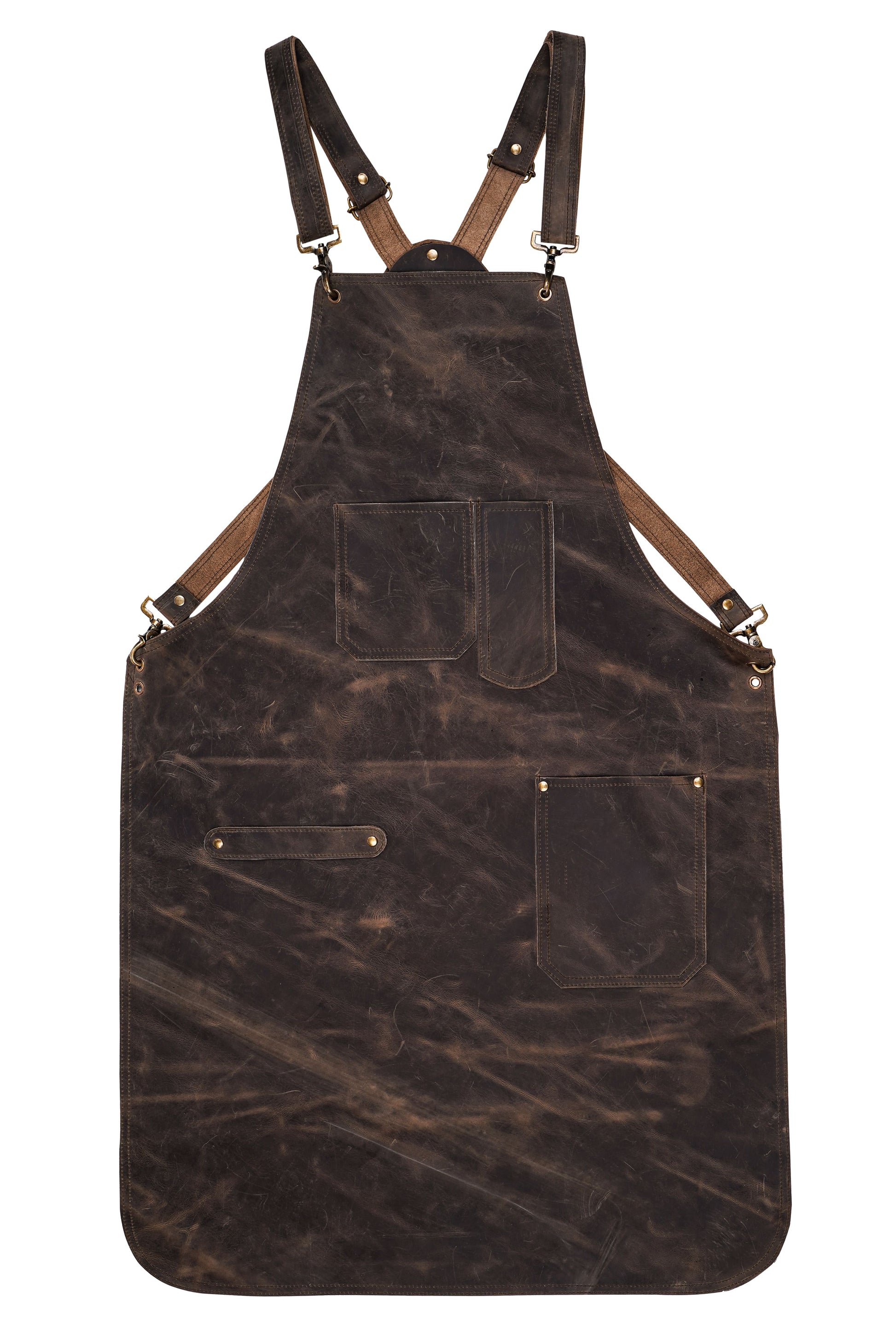 Personalized heavy-duty leather BBQ apron made from thick pullup cowhide, featuring cross-back straps, brass hardware, and multifunction pockets. Ideal for chefs, carpenters, butchers, and hairstylists. Custom-engraved leather apron with rugged elegance, designed for performance and style.

