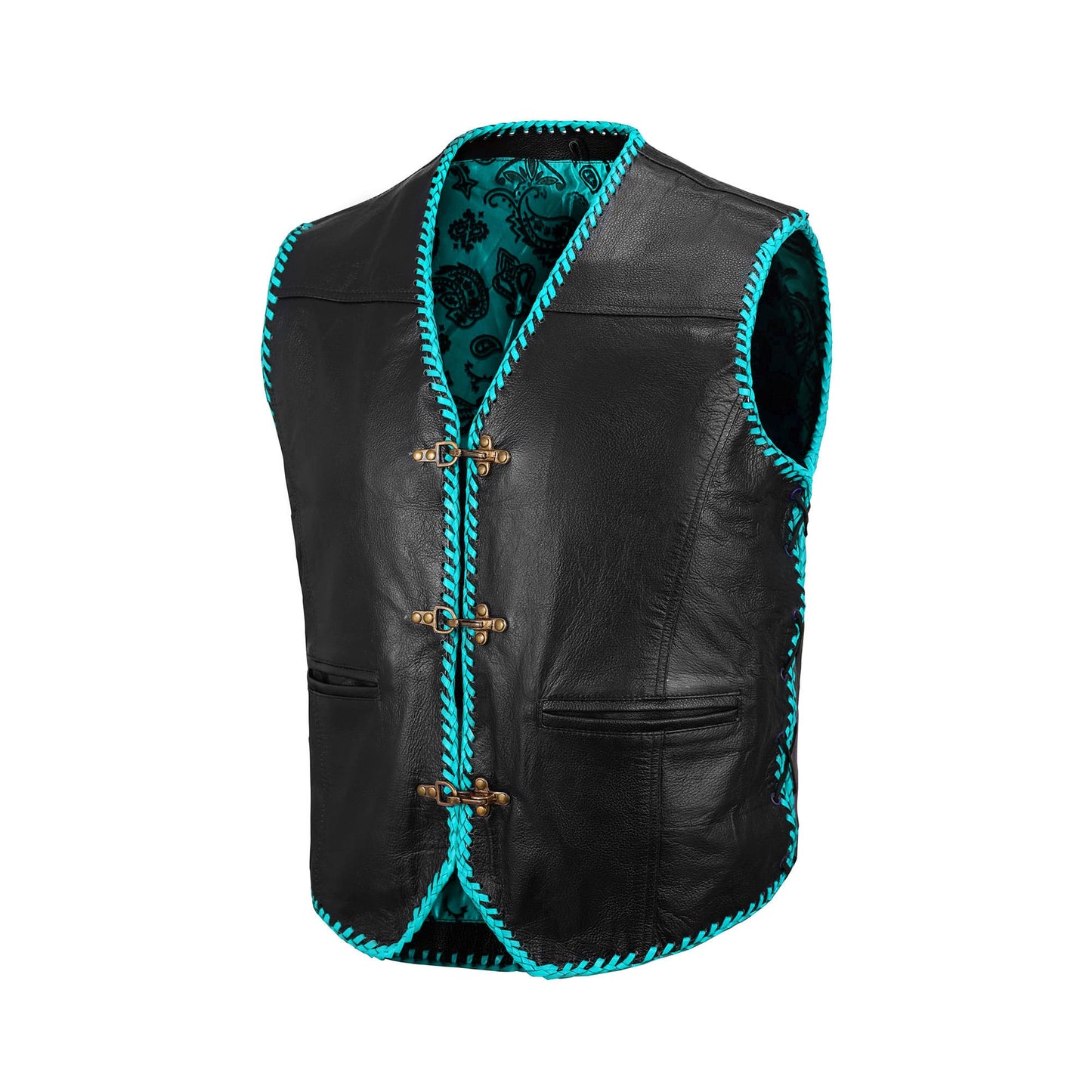 Premium turquoise leather motorcycle vest handcrafted from A+ grade cowhide, designed for bikers and MC riders who want durability and standout style. Featuring adjustable side laces, durable snap buttons, and a breathable polyester lining, this customizable vest blends rugged biker fashion with comfort. Ideal for motorcycle clubs, rebels, and western fashion enthusiasts who value individuality, craftsmanship, and personalization.