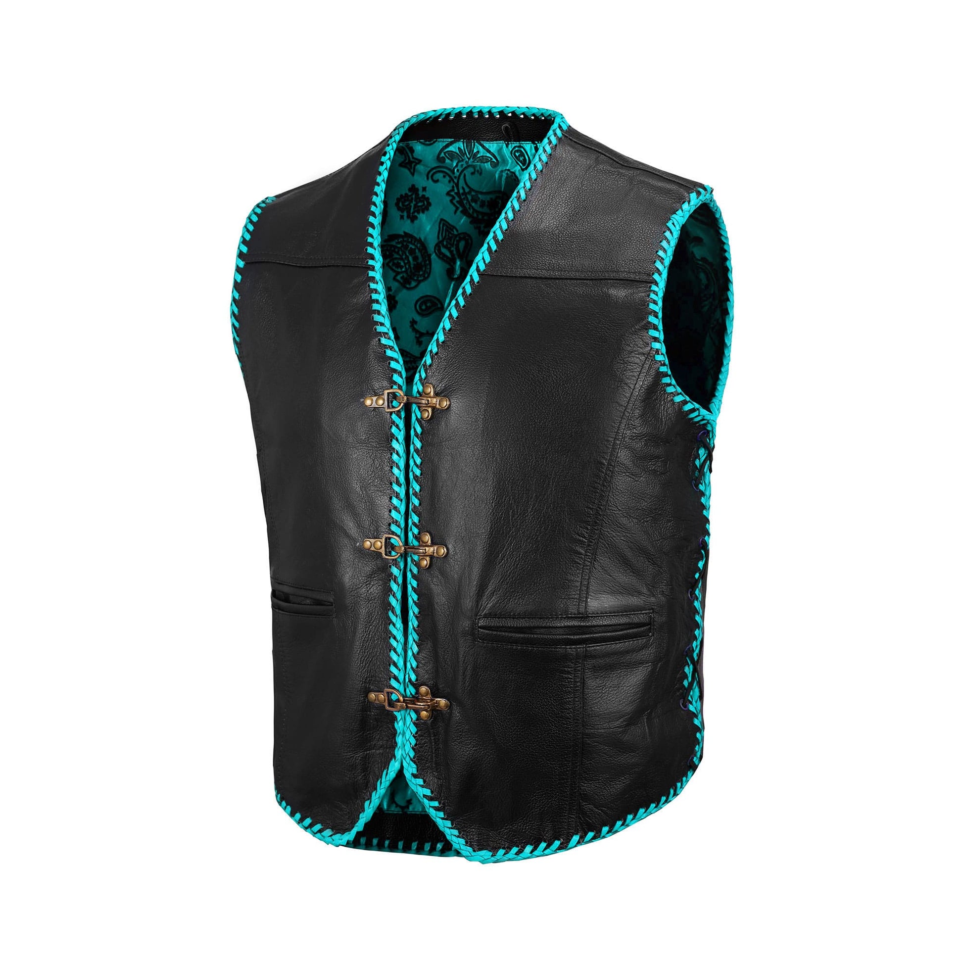 Premium turquoise leather motorcycle vest handcrafted from A+ grade cowhide, designed for bikers and MC riders who want durability and standout style. Featuring adjustable side laces, durable snap buttons, and a breathable polyester lining, this customizable vest blends rugged biker fashion with comfort. Ideal for motorcycle clubs, rebels, and western fashion enthusiasts who value individuality, craftsmanship, and personalization.