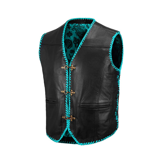 Premium turquoise leather motorcycle vest handcrafted from A+ grade cowhide, designed for bikers and MC riders who want durability and standout style. Featuring adjustable side laces, durable snap buttons, and a breathable polyester lining, this customizable vest blends rugged biker fashion with comfort. Ideal for motorcycle clubs, rebels, and western fashion enthusiasts who value individuality, craftsmanship, and personalization.