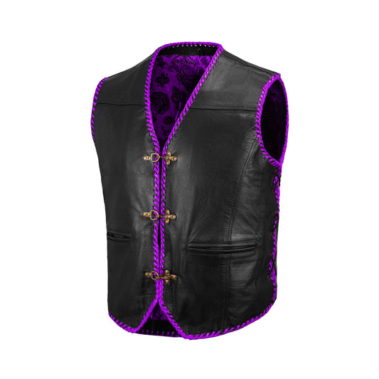 Purple diamond stitched leather biker vest crafted from A+ grade cowhide leather, designed for motorcycle club riders, rebels, and road warriors. Featuring premium handmade craftsmanship, durable side lace adjustments, satin lining, and customization options for a unique fit. Perfect for biker gear collections, motorcycle enthusiasts, and club members seeking quality motorcycle vests.