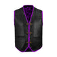 Purple leather motorcycle club vest made from genuine cowhide with stylish diamond stitching, offering both durability and standout biker fashion. Designed for long rides and lifestyle wear, this customizable vest reflects high-quality leatherwork. Essential gear for bikers, motorcycle enthusiasts, and club members seeking personalized motorcycle attire and distinctive riding apparel.