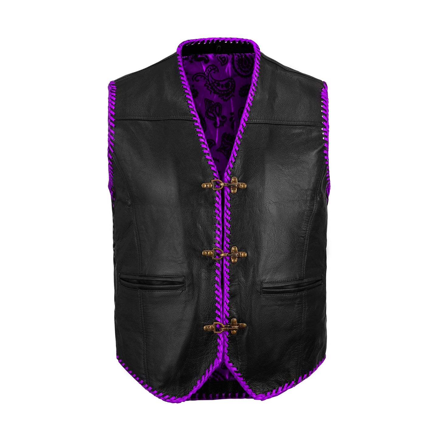 Purple leather motorcycle club vest made from genuine cowhide with stylish diamond stitching, offering both durability and standout biker fashion. Designed for long rides and lifestyle wear, this customizable vest reflects high-quality leatherwork. Essential gear for bikers, motorcycle enthusiasts, and club members seeking personalized motorcycle attire and distinctive riding apparel.