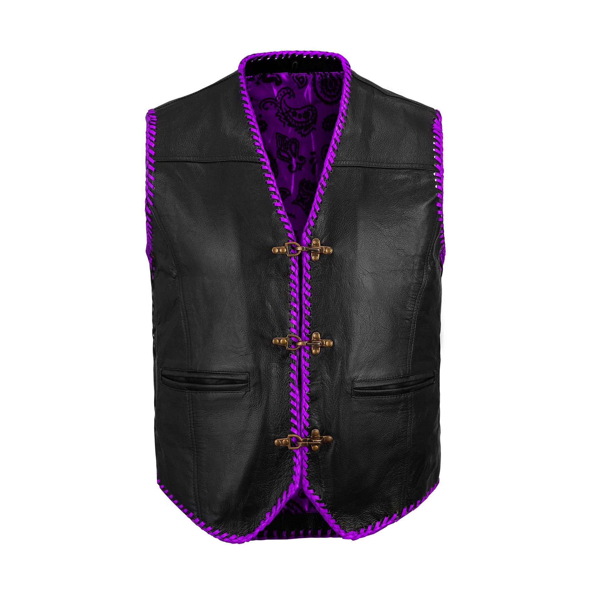 Purple leather motorcycle club vest made from genuine cowhide with stylish diamond stitching, offering both durability and standout biker fashion. Designed for long rides and lifestyle wear, this customizable vest reflects high-quality leatherwork. Essential gear for bikers, motorcycle enthusiasts, and club members seeking personalized motorcycle attire and distinctive riding apparel.