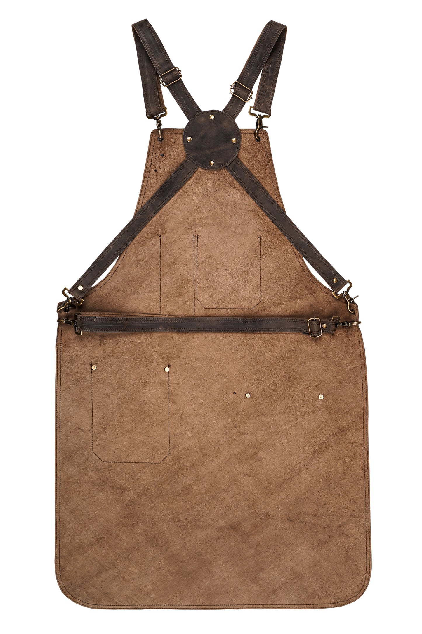 Rear view of the handmade pullup leather chef apron showcasing the adjustable cross-back leather straps, brass buckles, and reinforced stitching. Highlights ergonomic design for weight distribution and comfort during long hours of use. Ideal for professional chefs, BBQ grillers, barbers, and handymen seeking premium, functional leather workwear with a personalized fit.







