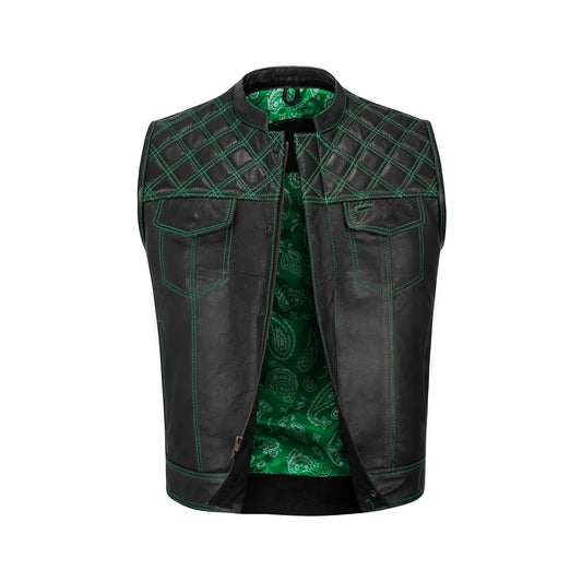 Rugged, stylish, and made to last, the Green Diamond Stitched Motorcycle Vest is tailored for bikers who push limits. With handmade cowhide leather construction, reinforced green stitching, and durable hardware, it delivers reliability on every ride. This leather biker vest includes satin lining for comfort and concealed carry options for practicality. Fully customizable with patches, sizes, and colors, it’s the ideal vest for motorcycle enthusiasts and road warriors.
