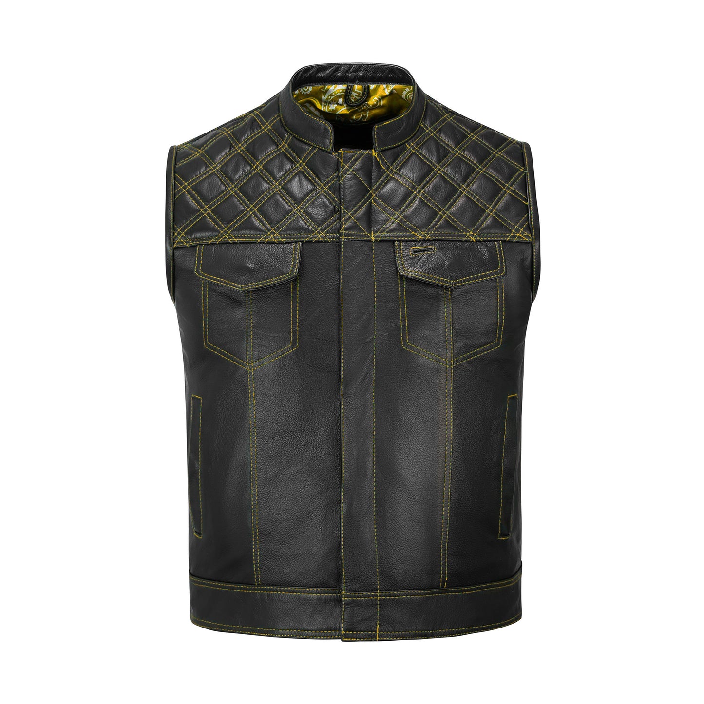 Rugged yellow biker vest with diamond stitch detailing made from premium cowhide leather. Designed for motorcycle club members and rebels, this customizable vest features satin lining, YKK brass zipper, chest storage pockets, and concealed carry. Built for durability and classic biker fashion, the yellow diamond stitched vest is a must-have for riders seeking standout leather gear on the road or at biker gatherings.