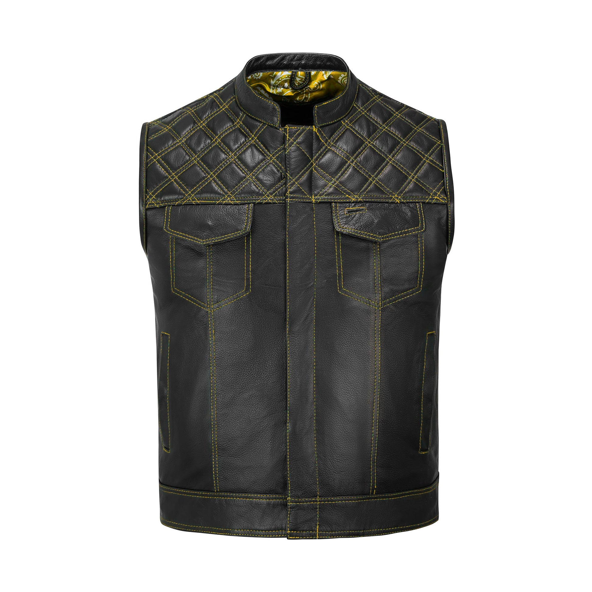Rugged yellow biker vest with diamond stitch detailing made from premium cowhide leather. Designed for motorcycle club members and rebels, this customizable vest features satin lining, YKK brass zipper, chest storage pockets, and concealed carry. Built for durability and classic biker fashion, the yellow diamond stitched vest is a must-have for riders seeking standout leather gear on the road or at biker gatherings.