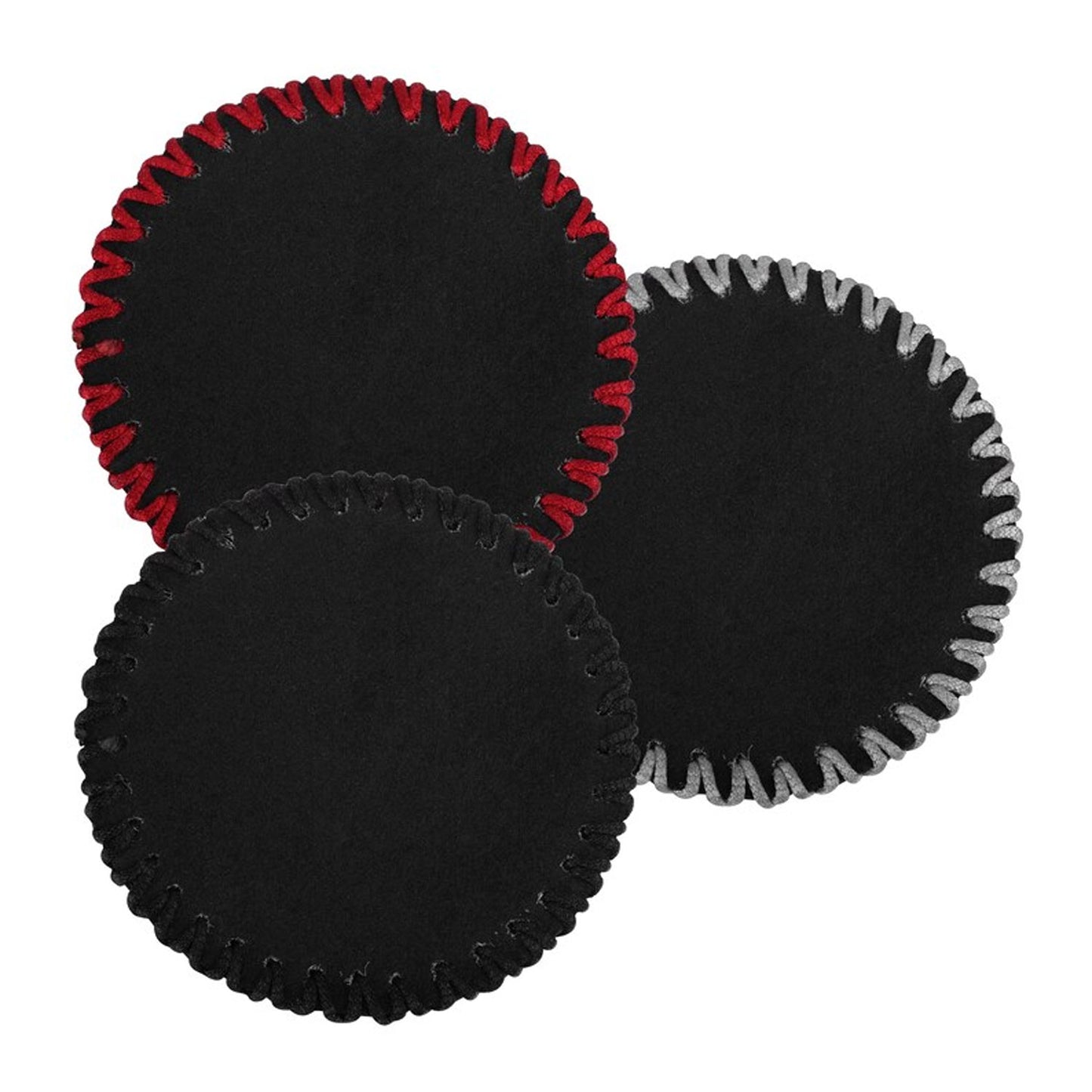 Set of handknitted genuine leather coasters with stitched lace finish in random colors, displayed on a white background, perfect for rustic table decor or bar setups.

