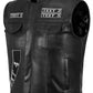 Side view of custom embroidered black cowhide leather biker vest, highlighting rugged stitching, adjustable fit, and personalized embroidered patches. Designed for motorcycle riders, MC club members, and hunting clubs, this handmade leather vest features durable closures, concealed carry option, and premium biker styling.