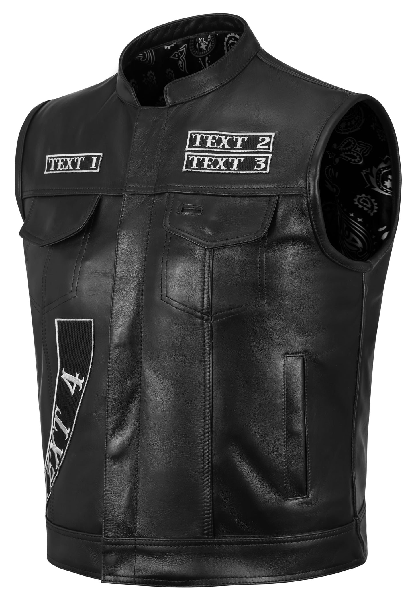 Side view of custom embroidered black cowhide leather biker vest, highlighting rugged stitching, adjustable fit, and personalized embroidered patches. Designed for motorcycle riders, MC club members, and hunting clubs, this handmade leather vest features durable closures, concealed carry option, and premium biker styling.