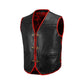 Side view of red buffalo leather biker vest showing adjustable lace closure for a tailored fit. This custom MC vest blends rugged durability with comfort, crafted from thick buffalo hide, ideal for motorcycle clubs and individual riders who value bold biker fashion.