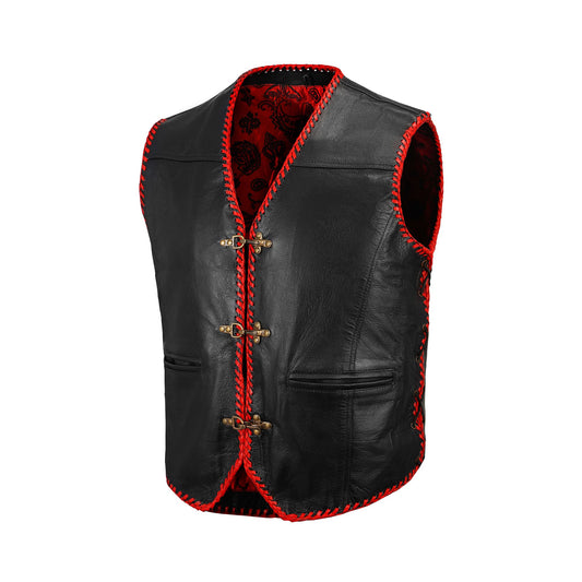 Side view of red buffalo leather biker vest showing adjustable lace closure for a tailored fit. This custom MC vest blends rugged durability with comfort, crafted from thick buffalo hide, ideal for motorcycle clubs and individual riders who value bold biker fashion.