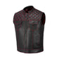 Side view of the Red Diamond Stitched MC Club Vest crafted from premium cowhide leather. This handmade biker vest highlights bold red diamond stitching, brass zipper closure, satin lining, and dual chest pockets. Designed for club members and motorcycle enthusiasts, the vest allows customization with patches, colors, and sizes, making it an essential gear piece for bikers who value craftsmanship.