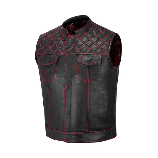 Side view of the Red Diamond Stitched MC Club Vest crafted from premium cowhide leather. This handmade biker vest highlights bold red diamond stitching, brass zipper closure, satin lining, and dual chest pockets. Designed for club members and motorcycle enthusiasts, the vest allows customization with patches, colors, and sizes, making it an essential gear piece for bikers who value craftsmanship.