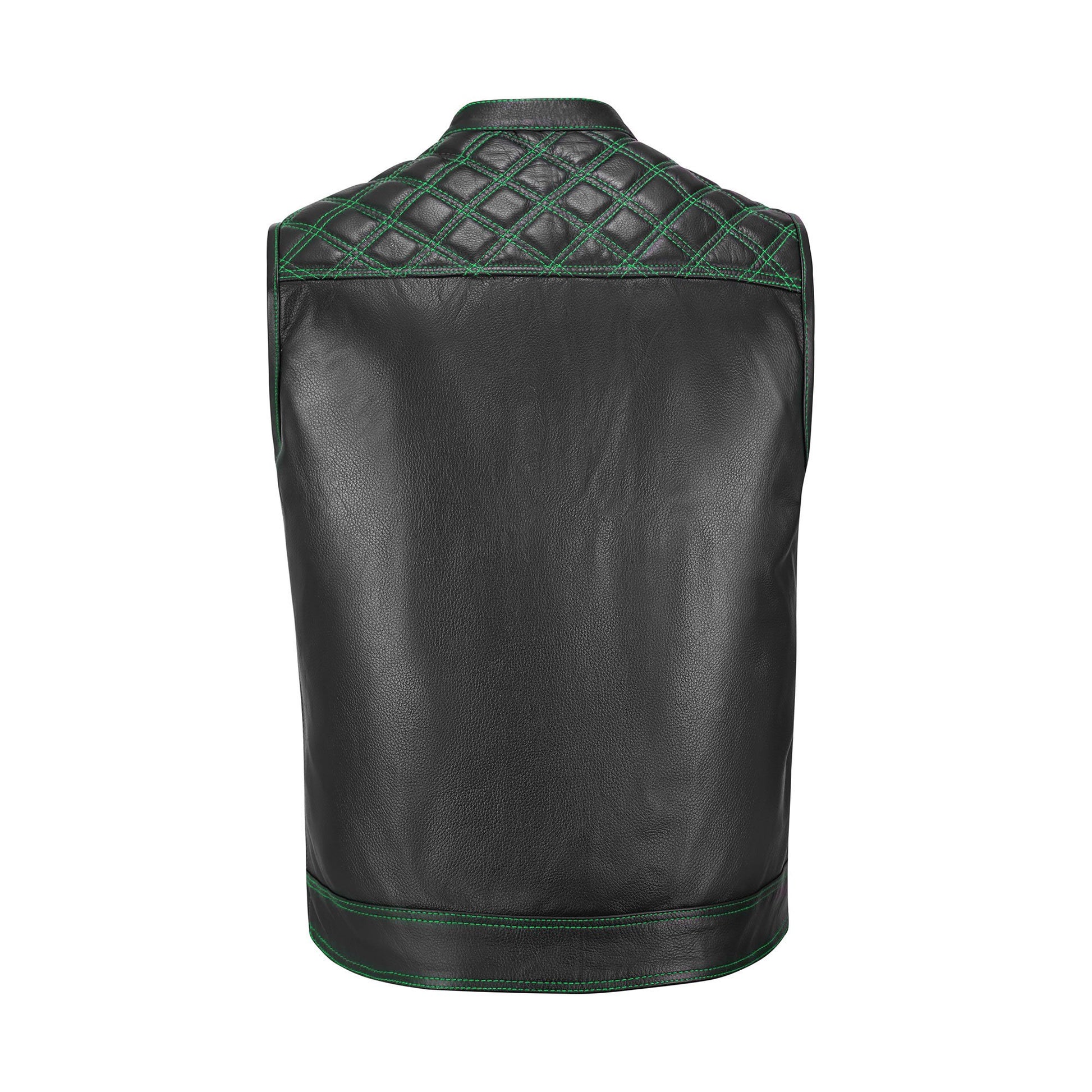 Stand out on the open road with this handcrafted Green Diamond Stitched MC Club Vest, designed from genuine cowhide leather. With its unique green stitching, tough YKK brass zipper, and secure dual chest pockets, it’s built for long rides and club identity. Whether you’re part of a motorcycle club, a road warrior, or a weekend rider, this customizable leather vest combines classic biker aesthetics with rugged functionality and premium tailoring.