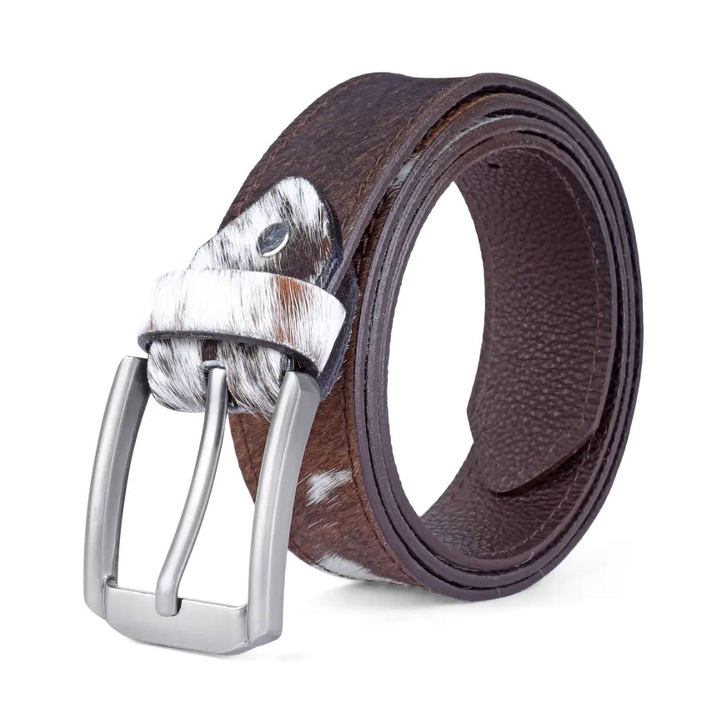 Styled image of the natural hair-on cowhide leather belt worn with denim and boots, highlighting its rustic tones and Western-inspired aesthetic.


