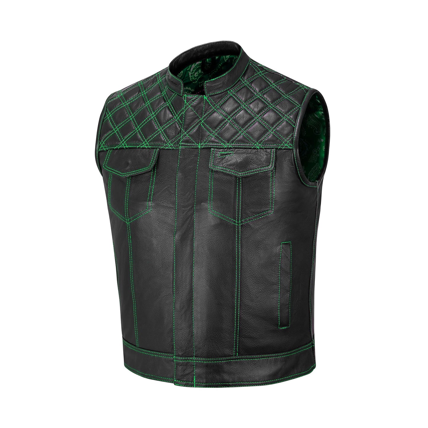 The Green Diamond Stitched MC Club Vest is more than just biker apparel – it’s a statement of rugged individuality. Handmade from A+ grade cowhide leather, this vest features durable construction, a satin-printed lining, and bold green diamond stitching. Ideal for motorcycle club members and rebels, it offers YKK brass zipper closure, concealed carry pockets, and customization for patches, colors, and sizes. A perfect biker vest for riders seeking both durability and style.