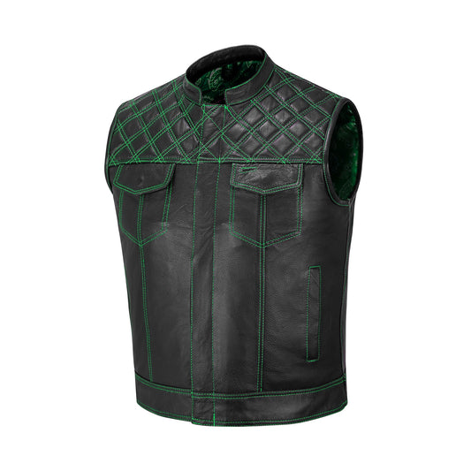 The Green Diamond Stitched MC Club Vest is more than just biker apparel – it’s a statement of rugged individuality. Handmade from A+ grade cowhide leather, this vest features durable construction, a satin-printed lining, and bold green diamond stitching. Ideal for motorcycle club members and rebels, it offers YKK brass zipper closure, concealed carry pockets, and customization for patches, colors, and sizes. A perfect biker vest for riders seeking both durability and style.