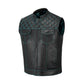 Turquoise Diamond Stitched MC Club Vest displayed flat to showcase available sizing options. Features dual chest pockets, satin lining, turquoise stitching, and secure brass zipper closure. Perfect biker vest for motorcycle club members and riders. Designed with customization in patches, colors, and size options for comfort, durability, and standout style in turquoise leather fashion.