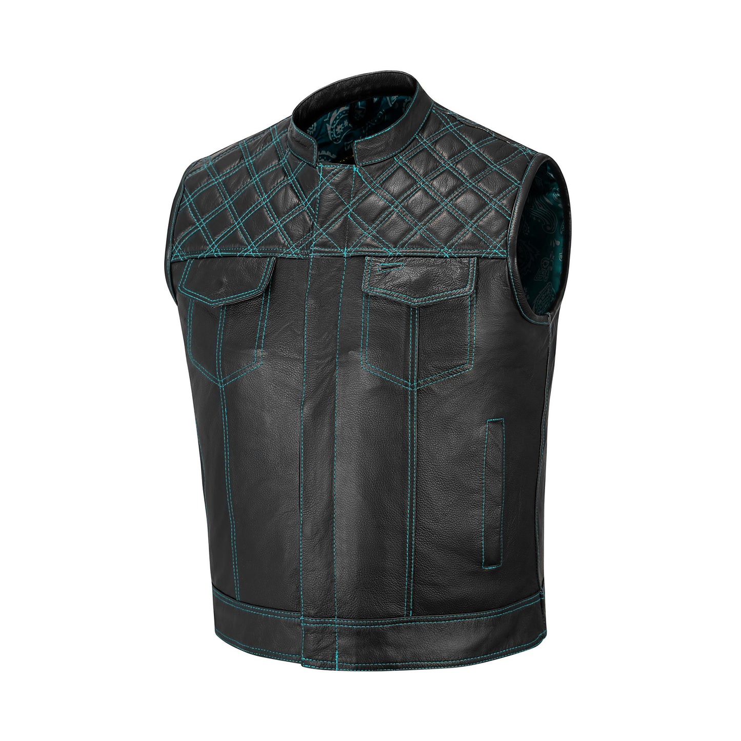Turquoise Diamond Stitched MC Club Vest displayed flat to showcase available sizing options. Features dual chest pockets, satin lining, turquoise stitching, and secure brass zipper closure. Perfect biker vest for motorcycle club members and riders. Designed with customization in patches, colors, and size options for comfort, durability, and standout style in turquoise leather fashion.