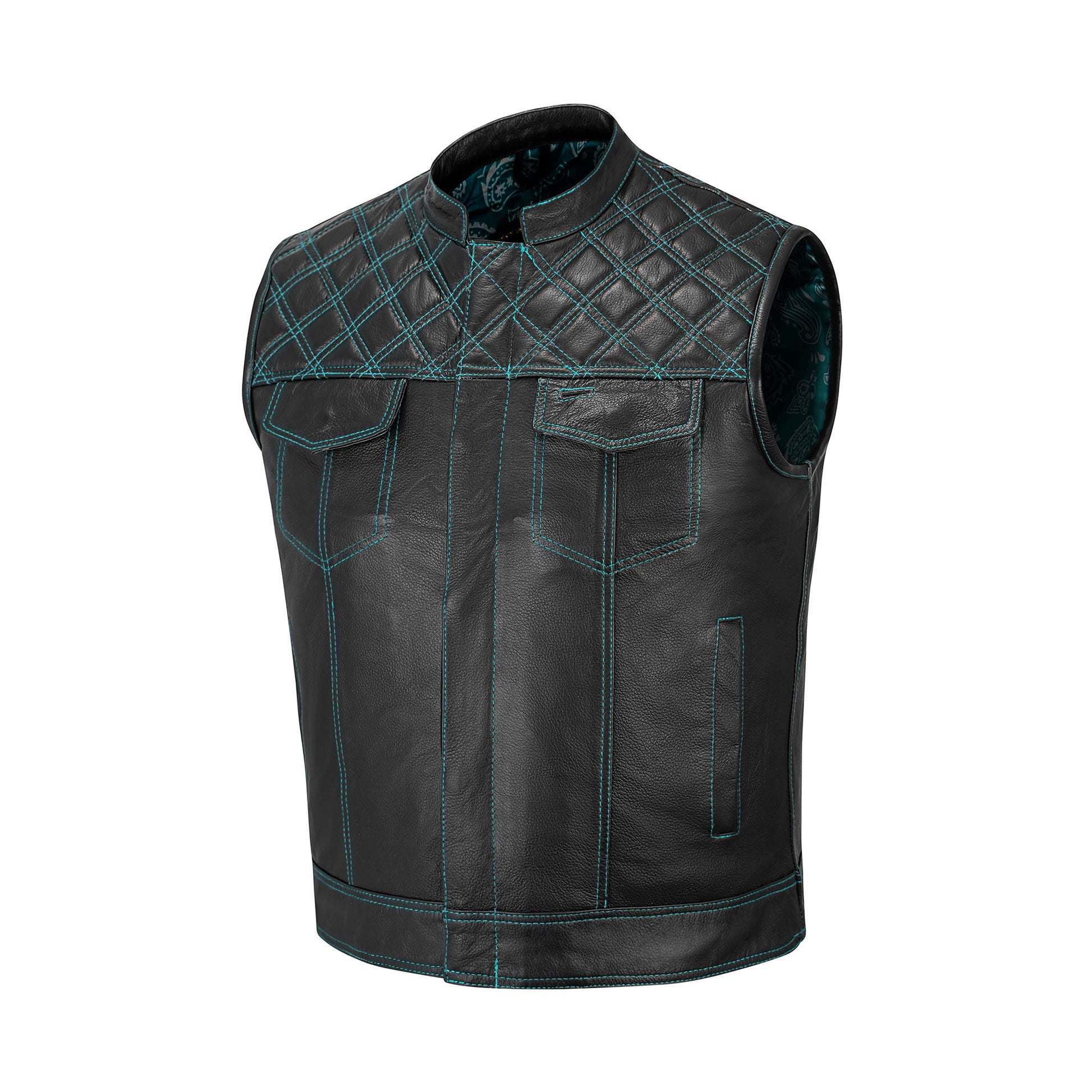 Turquoise Diamond Stitched MC Club Vest displayed flat to showcase available sizing options. Features dual chest pockets, satin lining, turquoise stitching, and secure brass zipper closure. Perfect biker vest for motorcycle club members and riders. Designed with customization in patches, colors, and size options for comfort, durability, and standout style in turquoise leather fashion.
