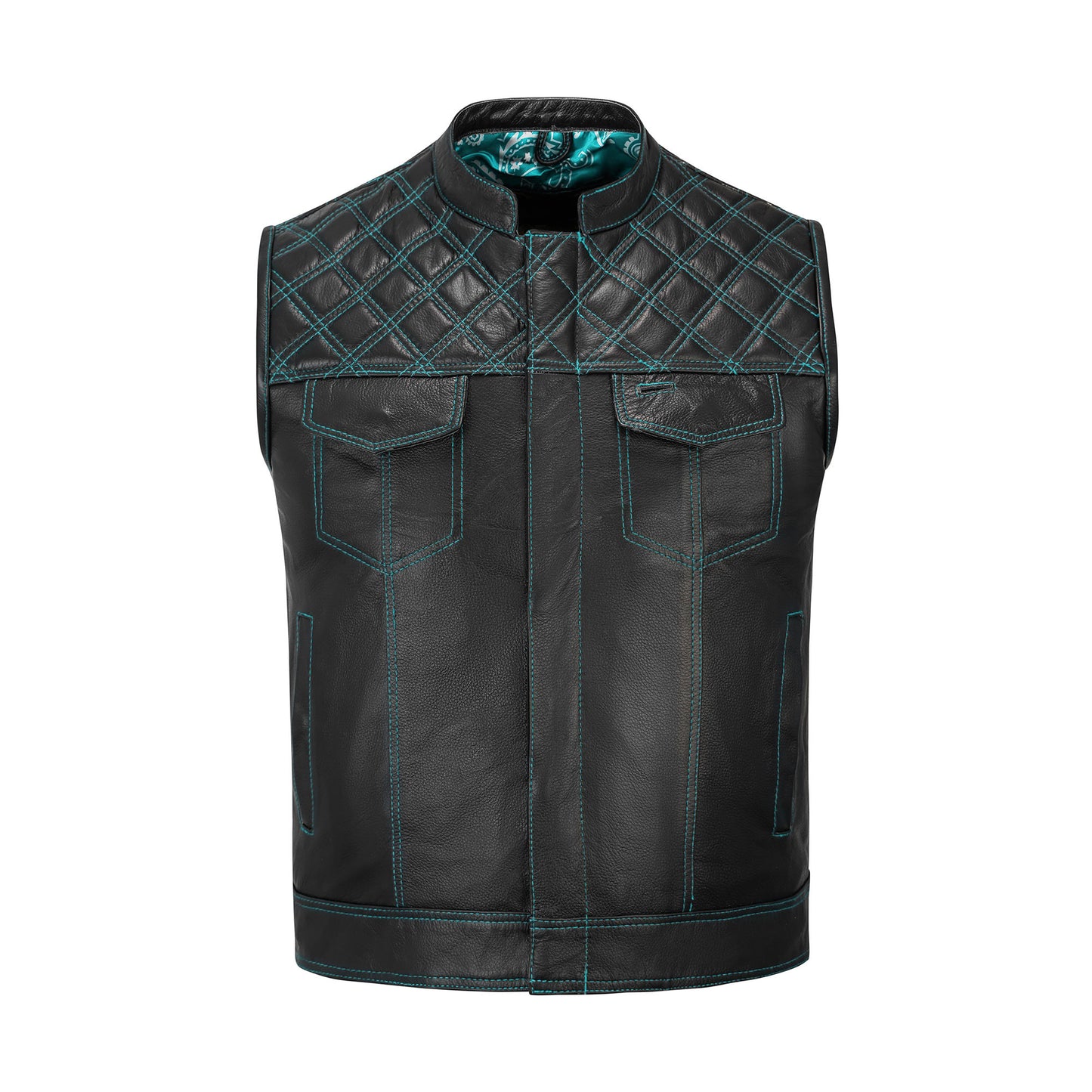 Turquoise Diamond Stitched MC Club Vest with chain-linked hanging display, highlighting its rugged biker construction. Crafted from A+ cowhide leather with turquoise diamond stitching, satin lining, and brass zipper closure. Fully customizable for motorcycle riders and rebels. Designed for motorcycle clubs and road warriors seeking bold turquoise leather biker style.
