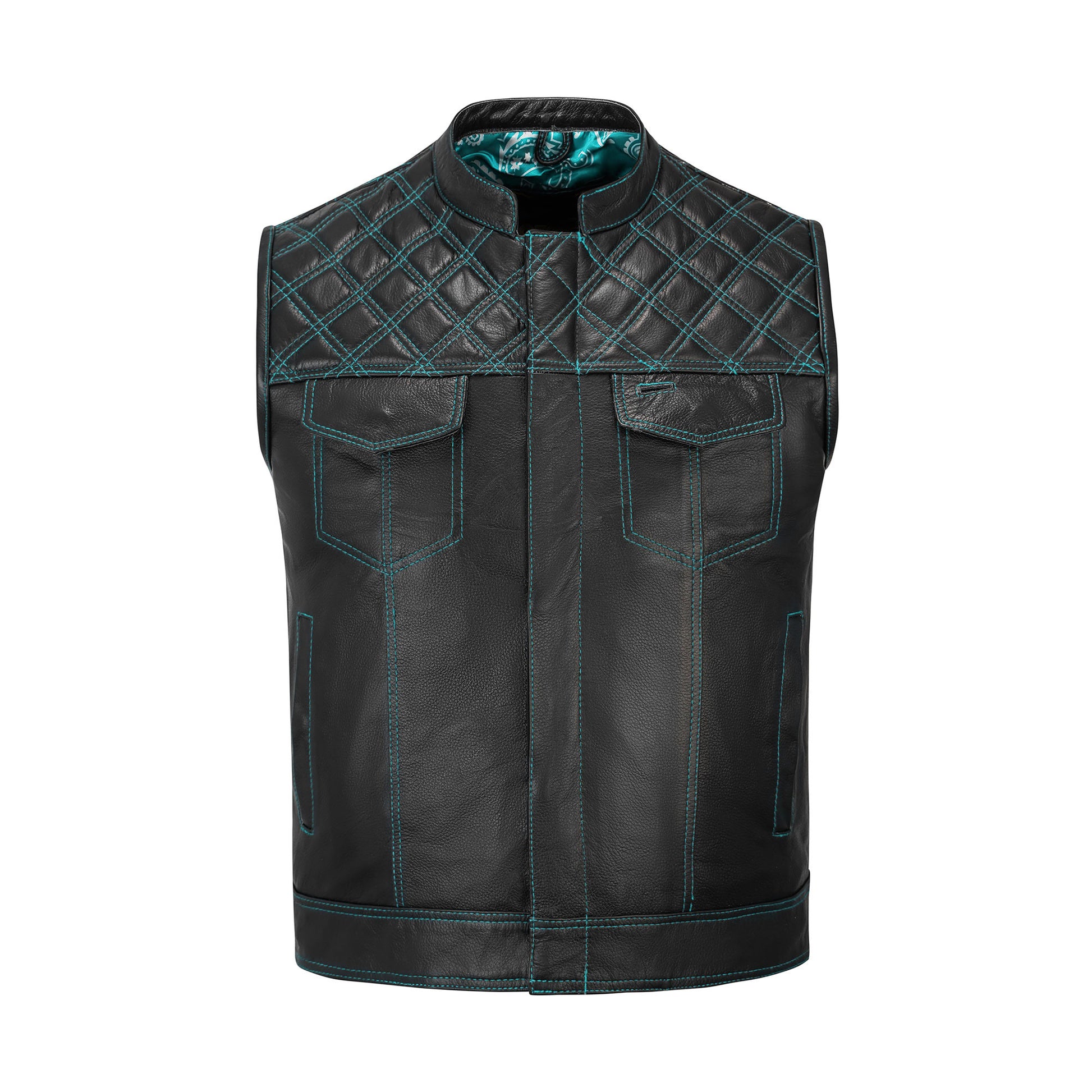 Turquoise Diamond Stitched MC Club Vest with chain-linked hanging display, highlighting its rugged biker construction. Crafted from A+ cowhide leather with turquoise diamond stitching, satin lining, and brass zipper closure. Fully customizable for motorcycle riders and rebels. Designed for motorcycle clubs and road warriors seeking bold turquoise leather biker style.