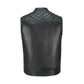 Turquoise Diamond Stitched MC Club Vest with chain-linked hanging display, highlighting its rugged biker construction. Crafted from A+ cowhide leather with turquoise diamond stitching, satin lining, and brass zipper closure. Fully customizable for motorcycle riders and rebels. Designed for motorcycle clubs and road warriors seeking bold turquoise leather biker style.